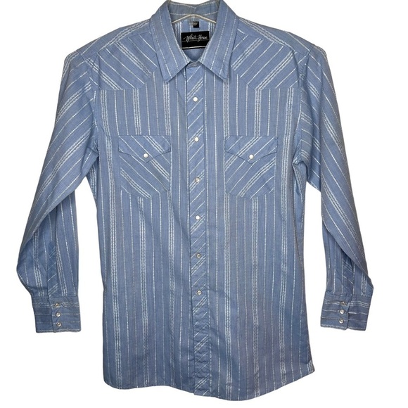 White Horse Light Blue Striped Western Pearlescent Button Long Sleeve Shirt L - Picture 1 of 10